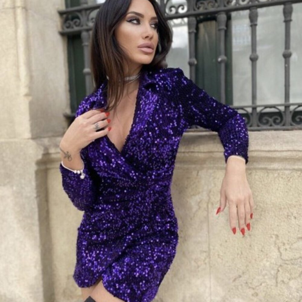Zara Festive Sequin Blazer Dress Long Sleeve Collar Purple Blogger Fav Size XS